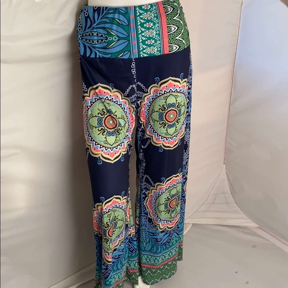 Multicolor navy blue pattern stretch palazzo pants L